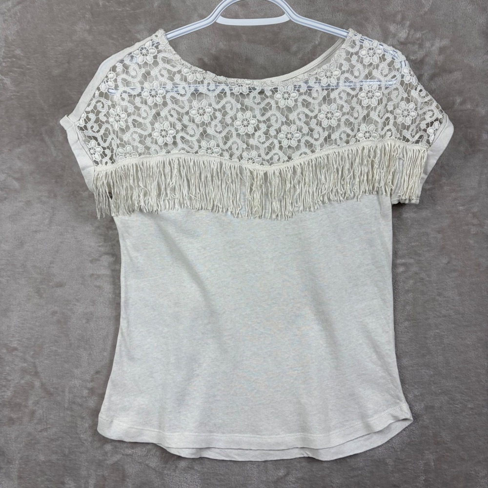 Pull&Bear Top Womens S Lace Fringe White Short Sleeve Boho Beachy Vacation